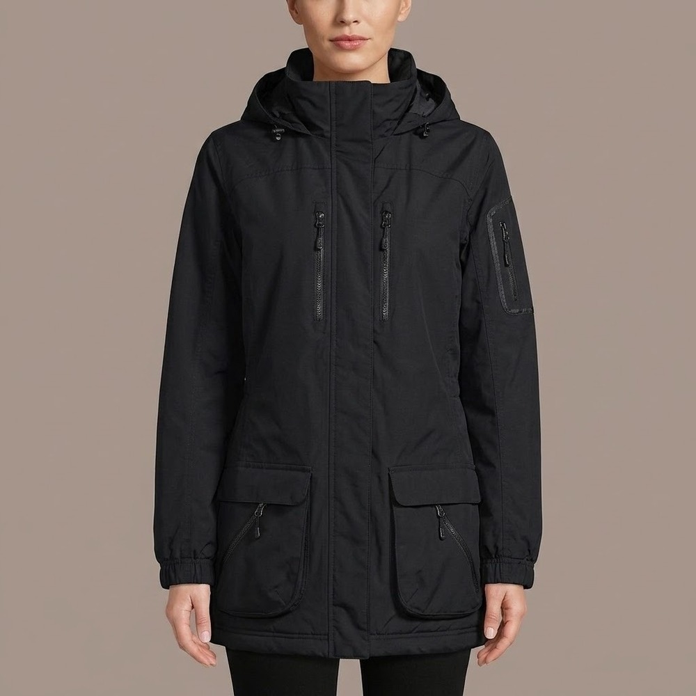 Lands End Parka Jacket Womens Small 6-8 Black Insulated Hooded Pockets EUC